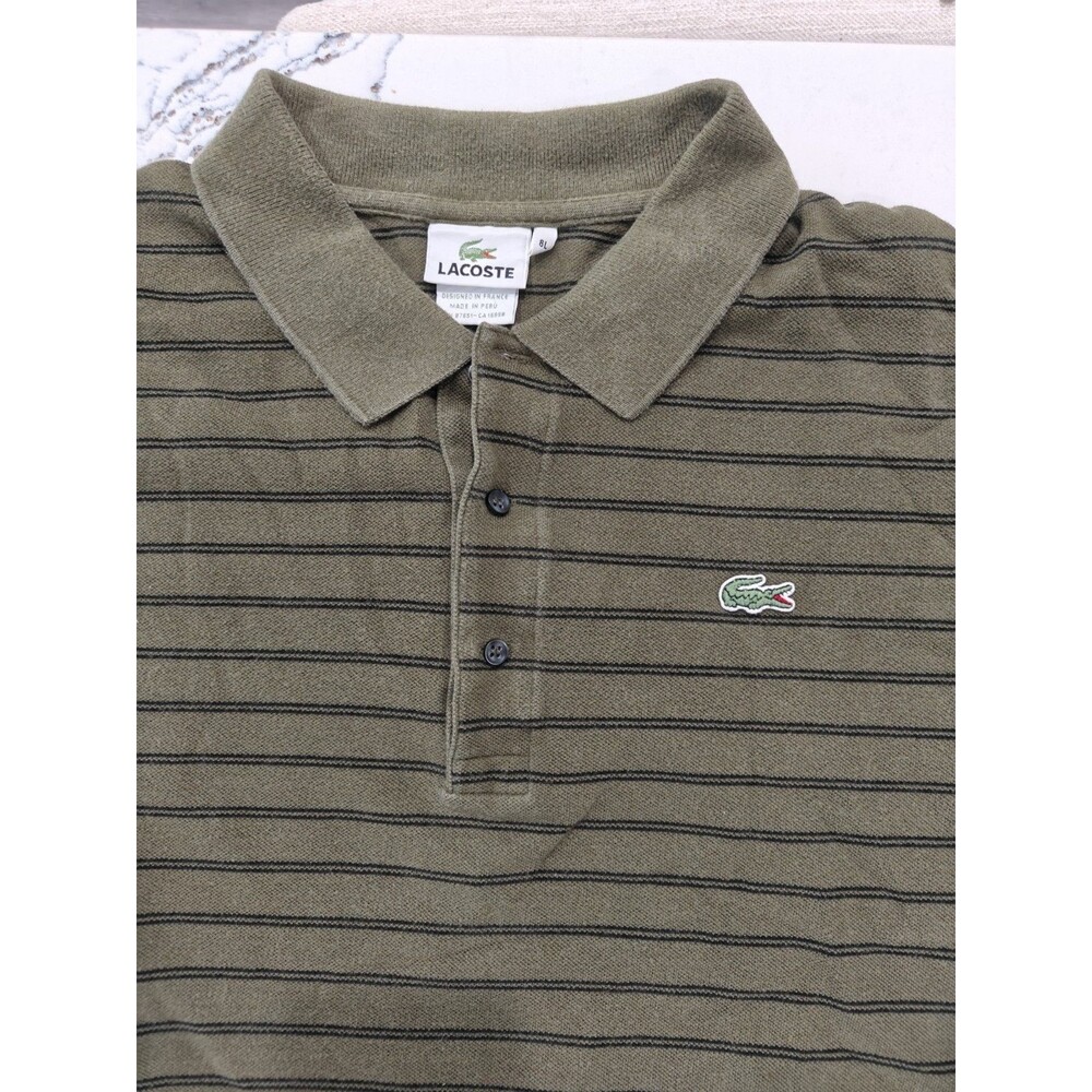 Lacoste Polo Shirt Mens Size 8 Long 3XL Green Black Stripe Short Sleeve Cotton